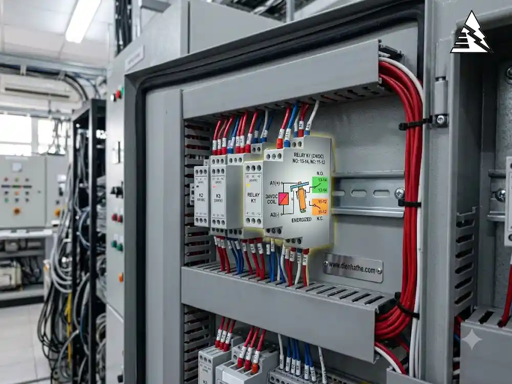 Rơ le trung gian trong tủ điện công nghiệp với tiếp điểm NO NC