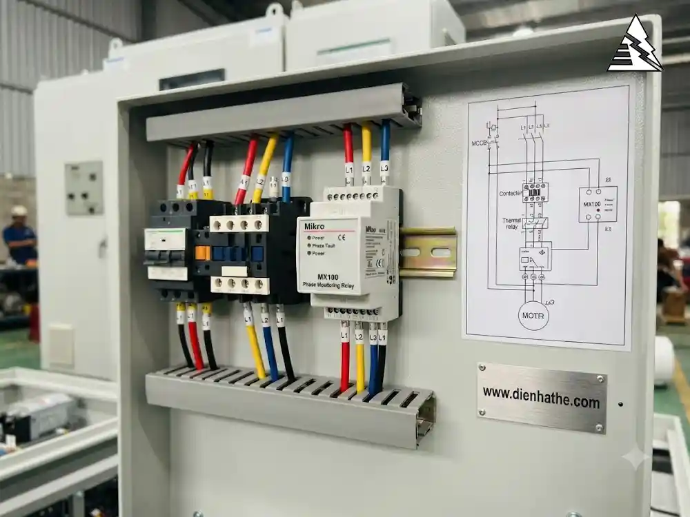 Relay bảo vệ mất pha và đảo pha Mikro MX100 trong mạch điều khiển động cơ điện 3 pha