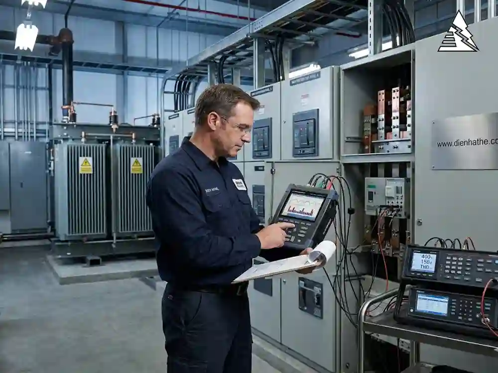 Kỹ sư điện kiểm tra chất lượng nguồn điện và các sự cố điện trong hệ thống phân phối công nghiệp