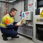 Kỹ sư kiểm tra nguồn điện một chiều DC từ hệ thống pin và ắc quy công nghiệp