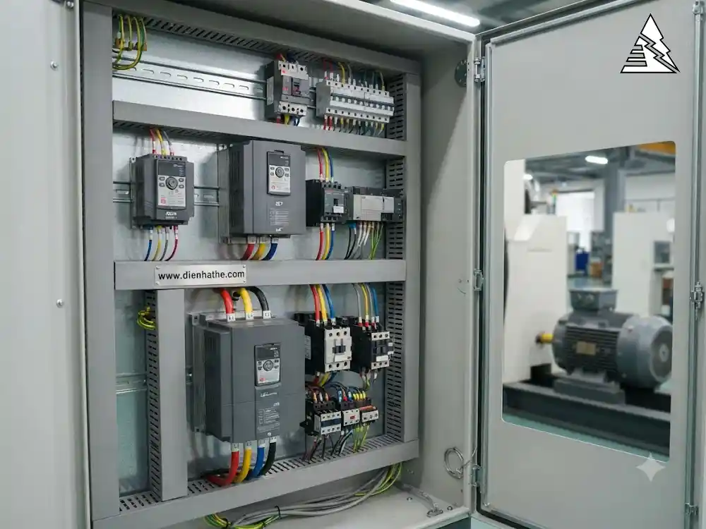 Các dòng biến tần LS ELECTRIC lắp trong tủ điện điều khiển động cơ công nghiệp.