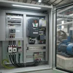 Biến tần điều khiển tốc độ động cơ điện trong tủ điện tự động hóa công nghiệp.