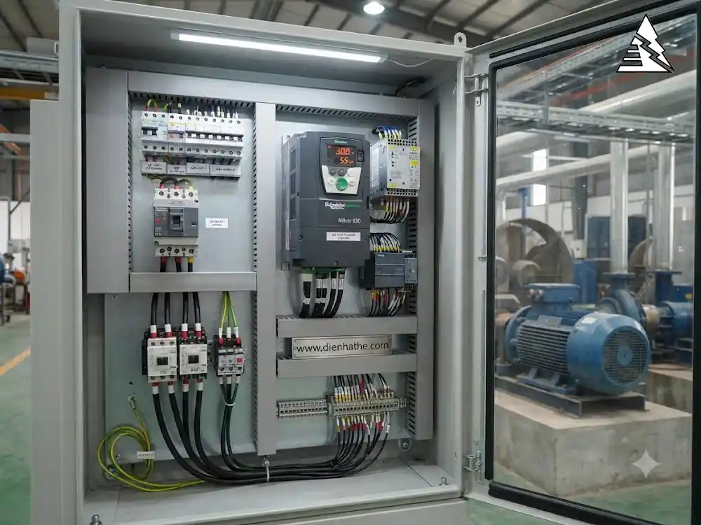 Biến tần điều khiển tốc độ động cơ điện trong tủ điện tự động hóa công nghiệp.