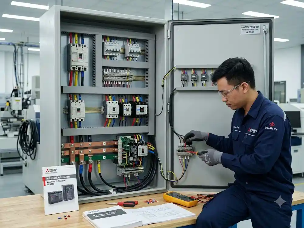 Thiết bị điện Mitsubishi Electric gồm MCCB, contactor, relay nhiệt và thiết bị đóng cắt công nghiệp