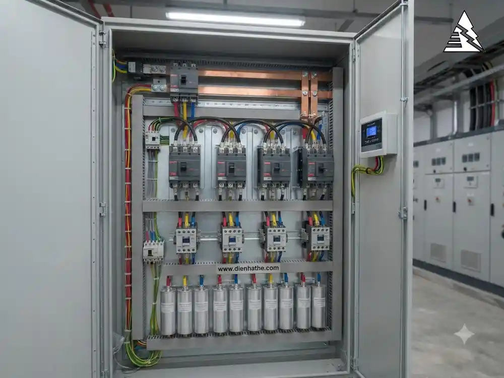 Tủ tụ bù công suất phản kháng tự động gồm tụ điện, contactor, bộ điều khiển cos phi và thiết bị bảo vệ.