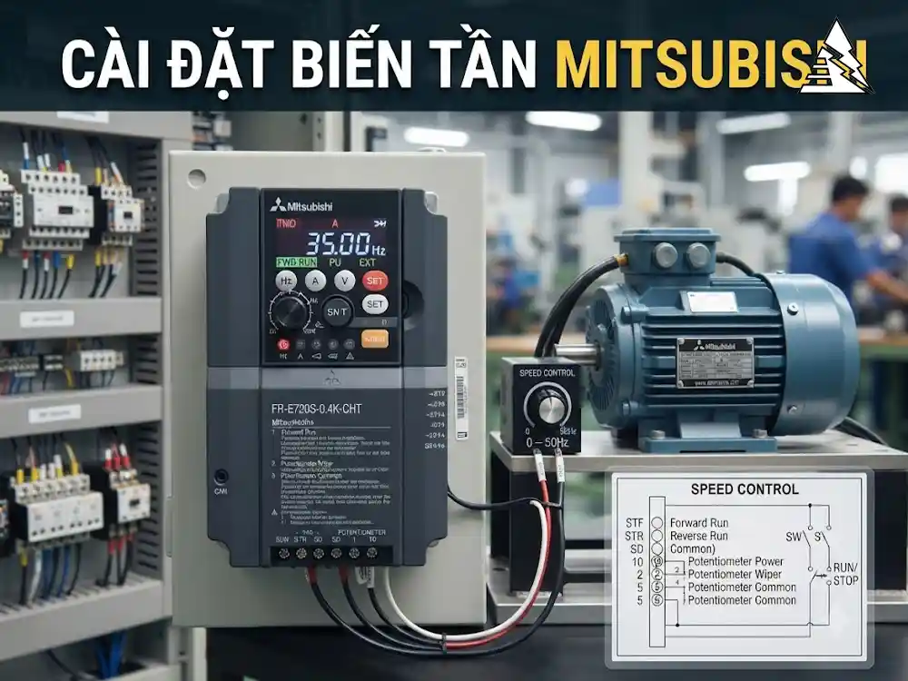 Hướng dẫn cài đặt biến tần Mitsubishi bằng chế độ PU EXT, chiết áp và Parameter điều khiển động cơ.