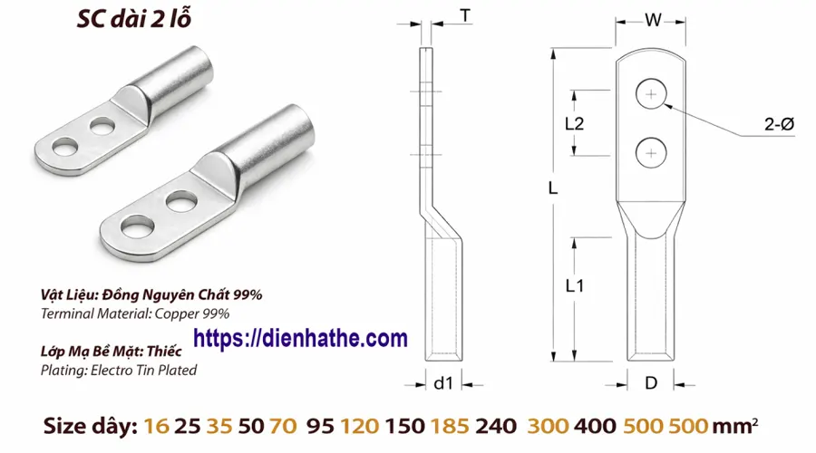 Bảng quy cách Cos Đồng Dài 2 Lỗ SCL2
