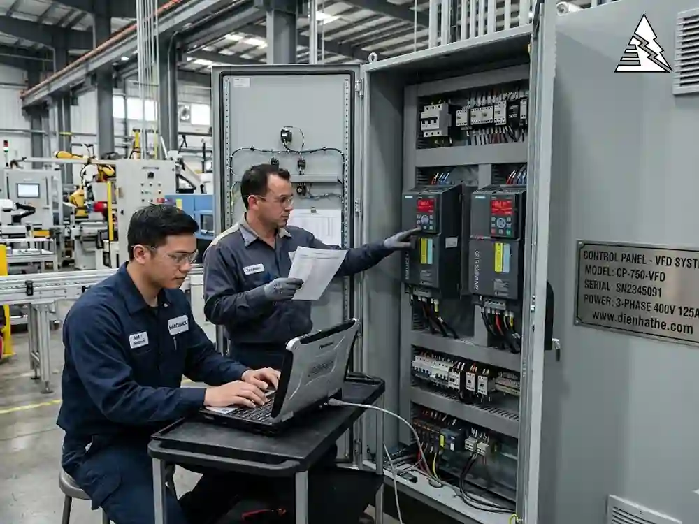 Kỹ sư tra cứu mã lỗi biến tần trong hệ thống tự động hóa công nghiệp