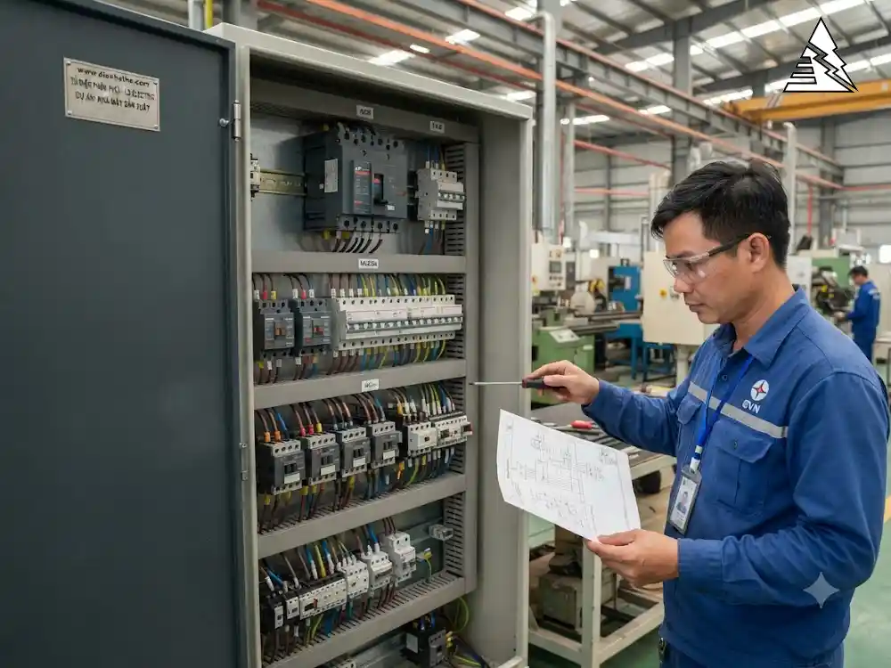 Thiết bị điện LS ELECTRIC trong tủ điện công nghiệp gồm MCB, MCCB, contactor và relay bảo vệ động cơ