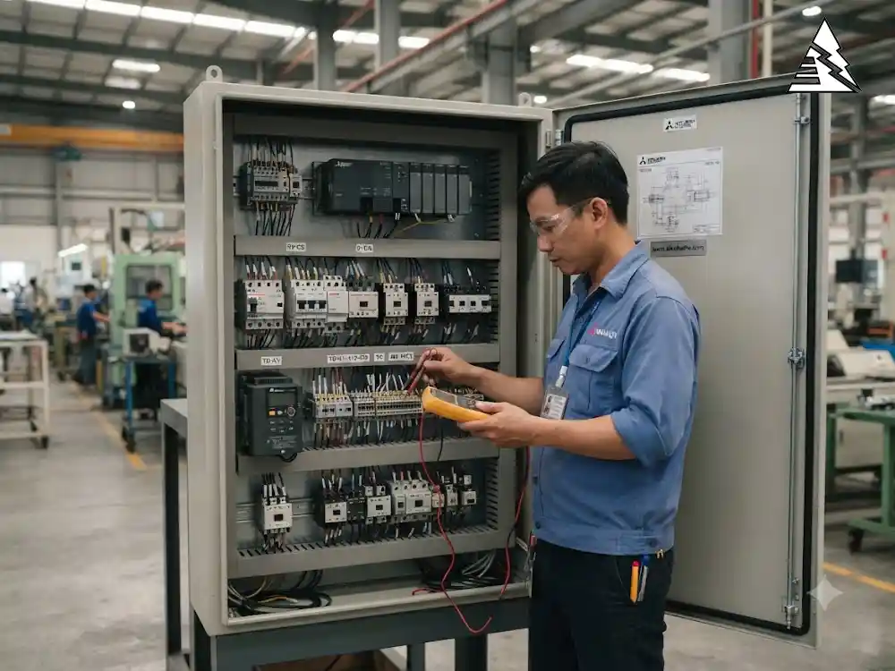 Thiết bị điện Mitsubishi Electric gồm CB, contactor, biến tần FREQROL và PLC MELSEC