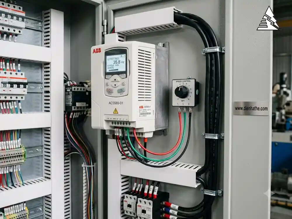 Đấu biến trở điều chỉnh tốc độ vào biến tần ABB ACS580 qua chân +10V AI1 AGND