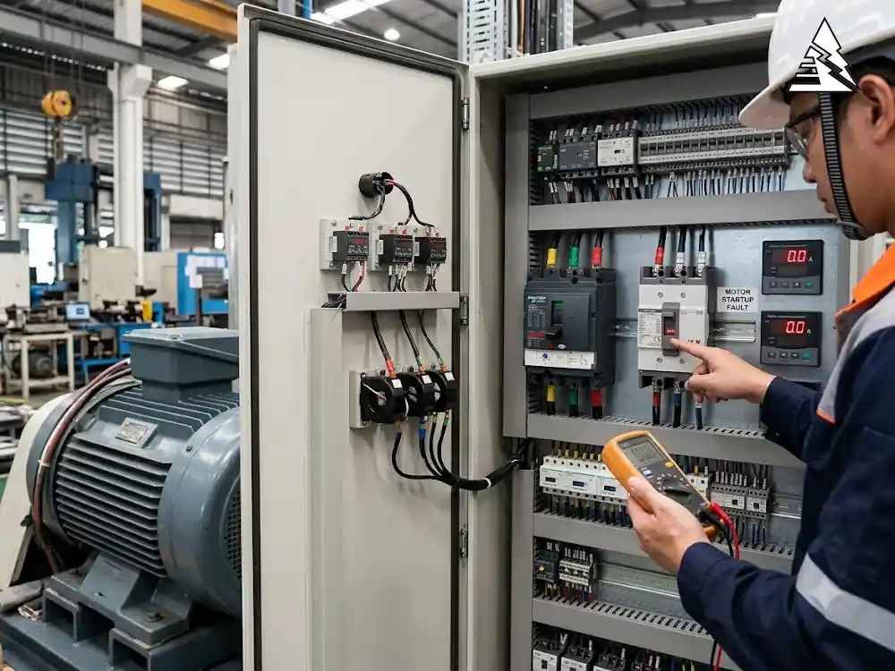 Kỹ sư kiểm tra MCCB Schneider LS bị nhảy khi động cơ khởi động tại tủ điện công nghiệp